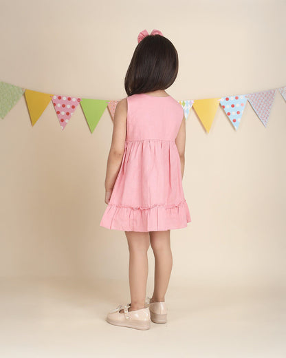Polka Tots Pink Frock with Headband-Solid-Cotton Muslin-For Infants