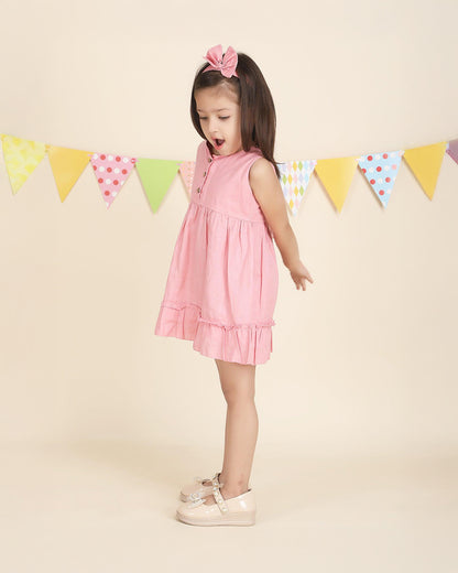 Polka Tots Pink Frock with Headband-Solid-Cotton Muslin-For Infants