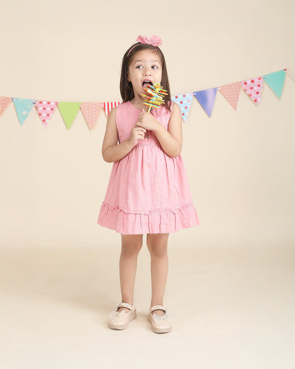 Polka Tots Pink Frock with Headband-Solid-Cotton Muslin-For Infants