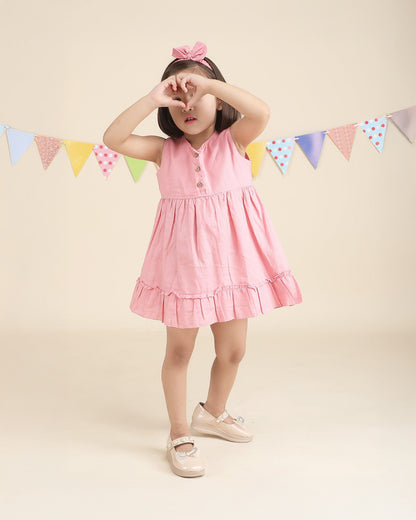 Polka Tots Pink Frock with Headband-Solid-Cotton Muslin-For Infants