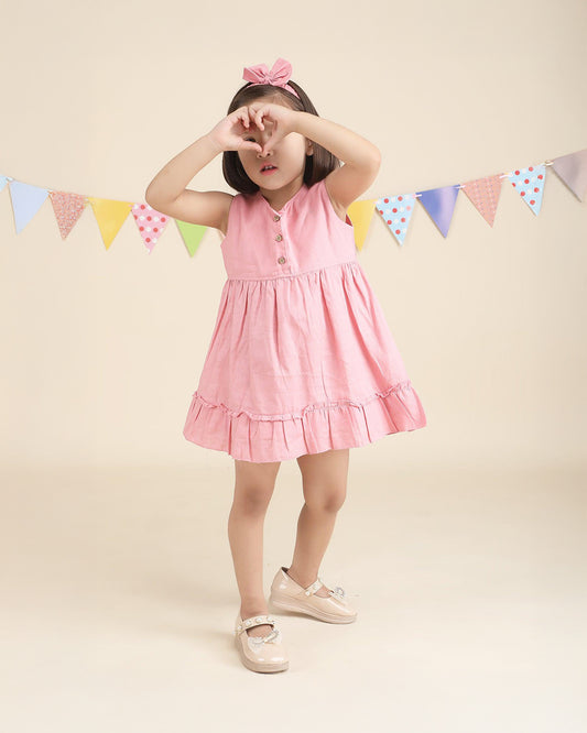 Polka Tots Pink Frock with Headband-Solid-Cotton Muslin-For Infants