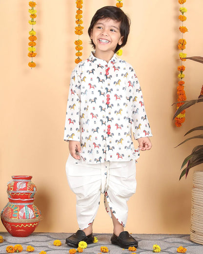 Polka Tots Multicolor Kurta Dhoti Set-Horse Print-Cotton-For Infants