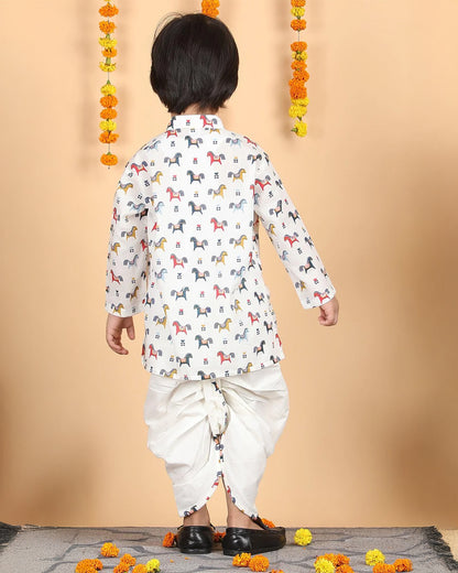 Polka Tots Multicolor Kurta Dhoti Set-Horse Print-Cotton-For Infants