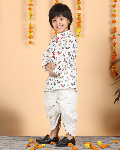 Polka Tots Multicolor Kurta Dhoti Set-Horse Print-Cotton-For Infants