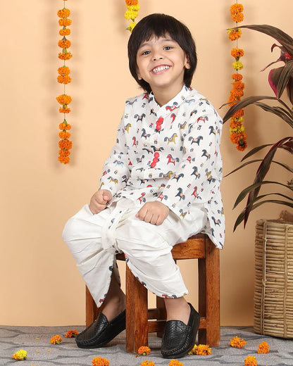 Polka Tots Multicolor Kurta Dhoti Set-Horse Print-Cotton-For Infants
