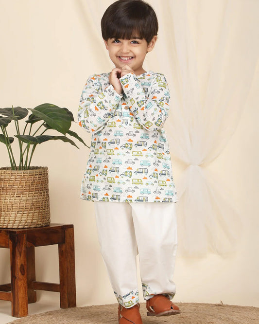 Polka Tots Multicolor Kurta Pajama Set-Vehicle Print-Cotton-For Infants