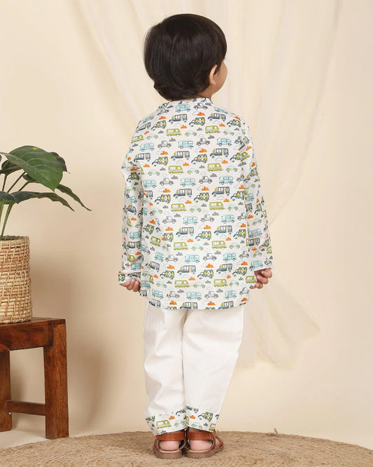Polka Tots Multicolor Kurta Pajama Set-Vehicle Print-Cotton-For Infants