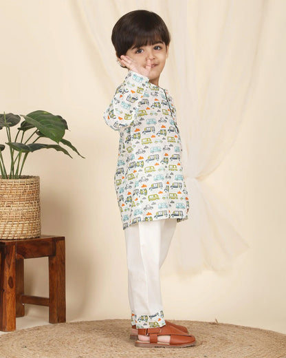 Polka Tots Multicolor Kurta Pajama Set-Vehicle Print-Cotton-For Infants