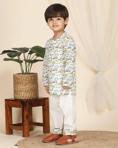 Polka Tots Multicolor Kurta Pajama Set-Vehicle Print-Cotton-For Infants