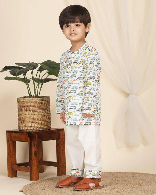 Polka Tots Multicolor Kurta Pajama Set-Vehicle Print-Cotton-For Infants