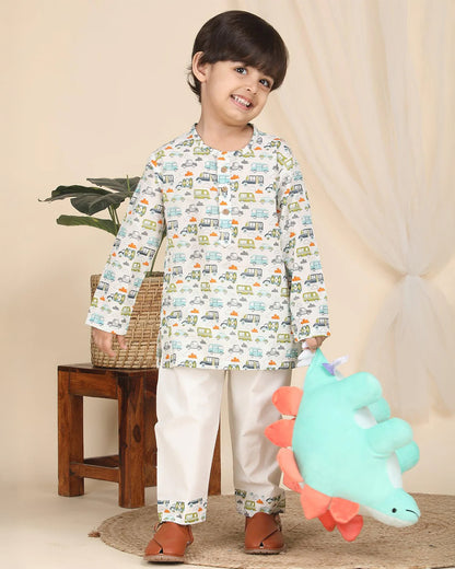 Polka Tots Multicolor Kurta Pajama Set-Vehicle Print-Cotton-For Infants
