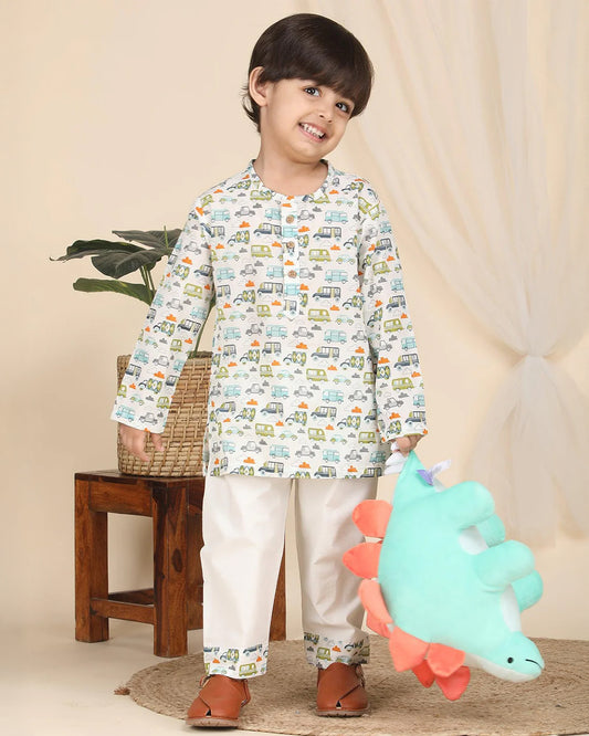 Polka Tots Multicolor Kurta Pajama Set-Vehicle Print-Cotton-For Infants