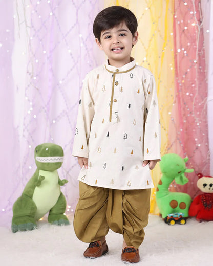 Polka Tots White & Brown Kurta Dhoti Set-Christmas Tree Embroidered-Cotton-For Infants