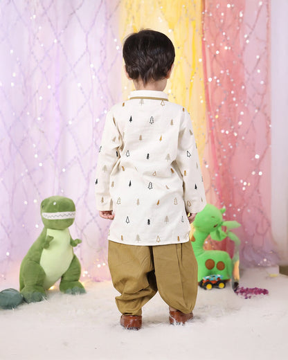 Polka Tots White & Brown Kurta Dhoti Set-Christmas Tree Embroidered-Cotton-For Infants