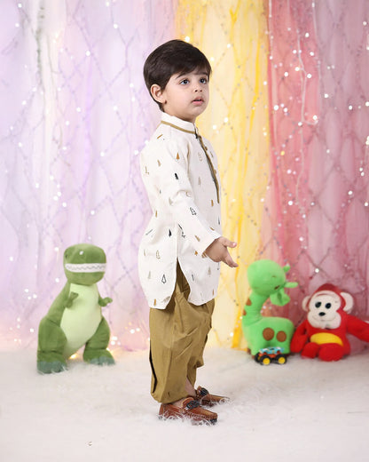 Polka Tots White & Brown Kurta Dhoti Set-Christmas Tree Embroidered-Cotton-For Infants