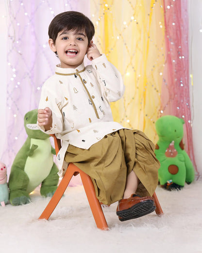 Polka Tots White & Brown Kurta Dhoti Set-Christmas Tree Embroidered-Cotton-For Infants