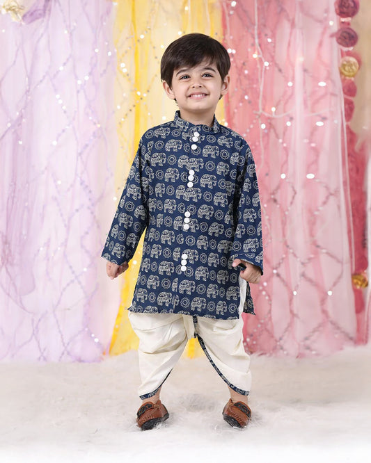Polka Tots Navy Blue Kurta Dhoti Set-Elephant print-Cotton-For Infants