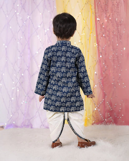 Polka Tots Navy Blue Kurta Dhoti Set-Elephant print-Cotton-For Infants