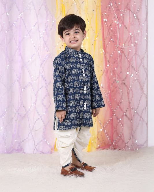 Polka Tots Navy Blue Kurta Dhoti Set-Elephant print-Cotton-For Infants