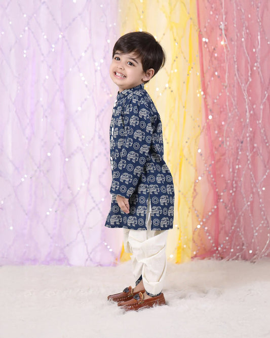 Polka Tots Navy Blue Kurta Dhoti Set-Elephant print-Cotton-For Infants