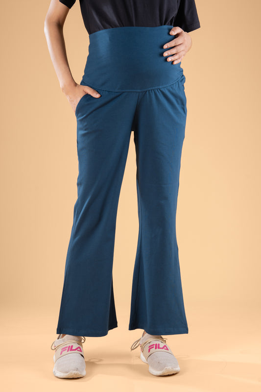 Wobbly Walk Indigo Blue Maternity Trouser-Solid Color-Cotton-Boot Cut-Bump Friendly