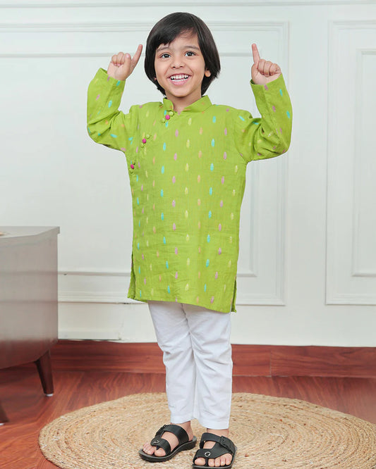 Polka Tots Green Kurta Pajama Set-Leaf Embroidered-Cotton-For Infants