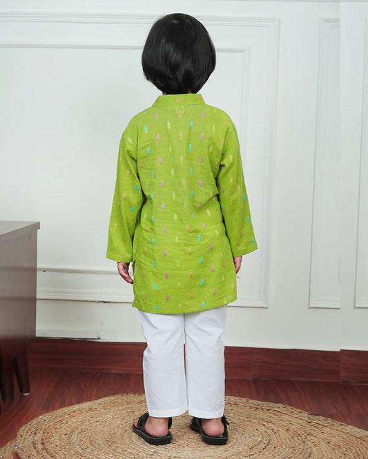 Polka Tots Green Kurta Pajama Set-Leaf Embroidered-Cotton-For Infants