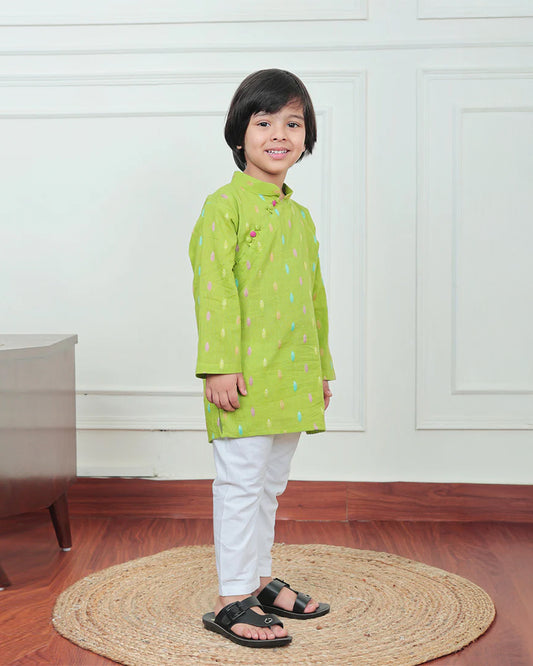 Polka Tots Green Kurta Pajama Set-Leaf Embroidered-Cotton-For Infants
