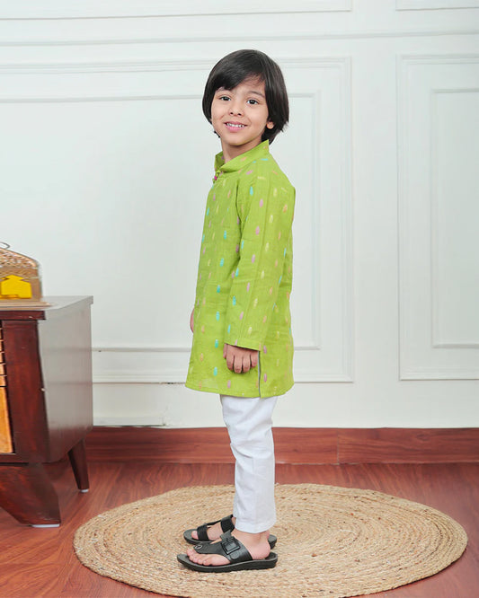 Polka Tots Green Kurta Pajama Set-Leaf Embroidered-Cotton-For Infants