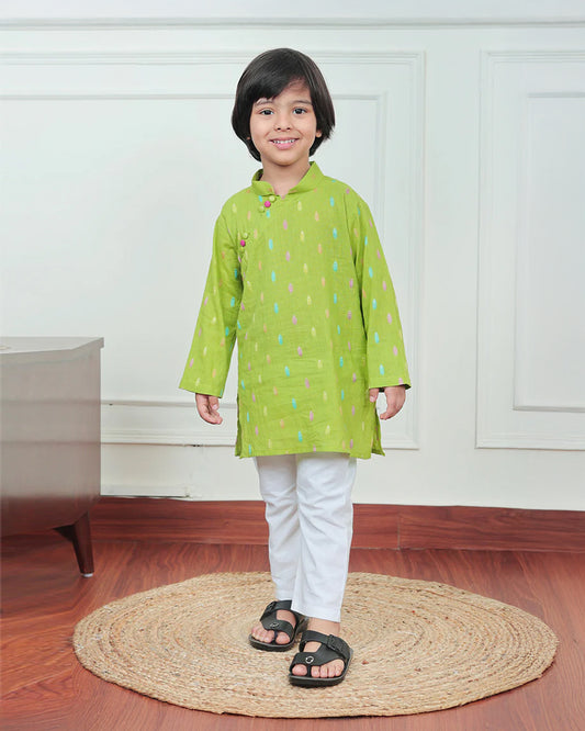 Polka Tots Green Kurta Pajama Set-Leaf Embroidered-Cotton-For Infants