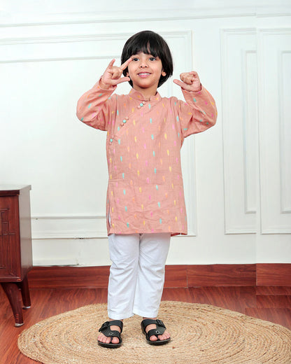 Polka Tots Orange Kurta Pajama Set-Leaf Embroidered-Cotton-For Infants