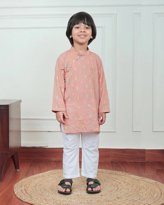 Polka Tots Orange Kurta Pajama Set-Leaf Embroidered-Cotton-For Infants