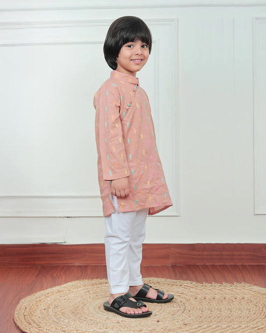 Polka Tots Orange Kurta Pajama Set-Leaf Embroidered-Cotton-For Infants