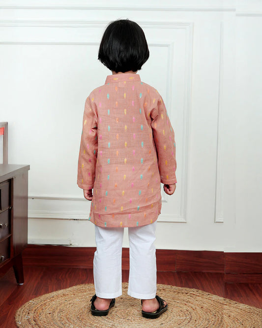 Polka Tots Orange Kurta Pajama Set-Leaf Embroidered-Cotton-For Infants