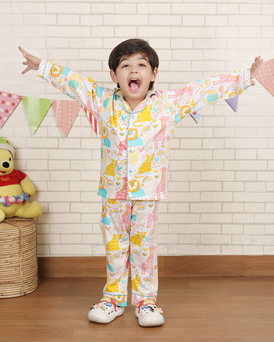 Polka Tots Multicolor Nightsuit-Animal Print-Cotton-For Infants