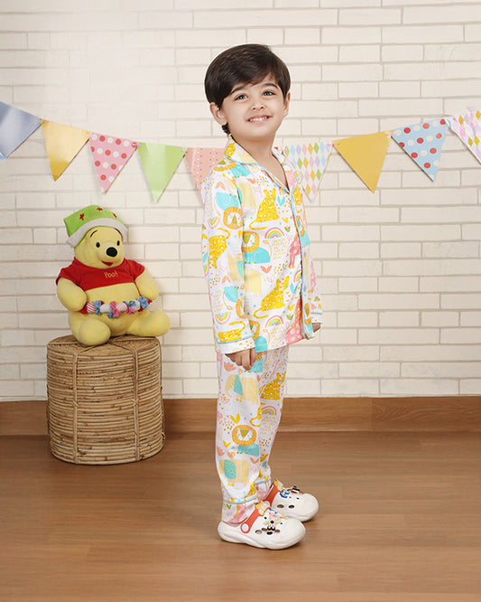 Polka Tots Multicolor Nightsuit-Animal Print-Cotton-For Infants