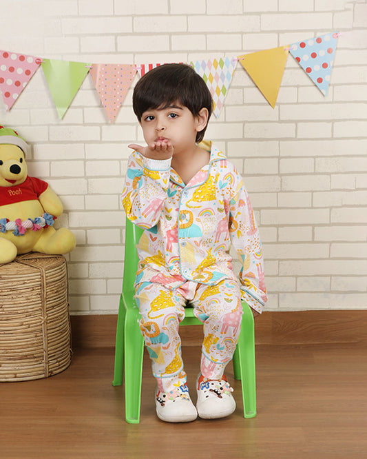 Polka Tots Multicolor Nightsuit-Animal Print-Cotton-For Infants