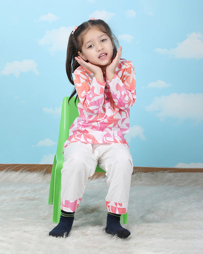 Polka Tots Peach Nightsuit-Geometric Print-Cotton-For Infants