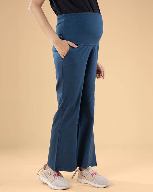 Wobbly Walk Indigo Blue Maternity Trouser-Solid Color-Cotton-Boot Cut-Bump Friendly