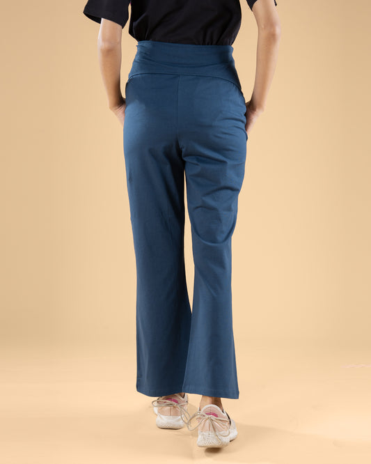 Wobbly Walk Indigo Blue Maternity Trouser-Solid Color-Cotton-Boot Cut-Bump Friendly