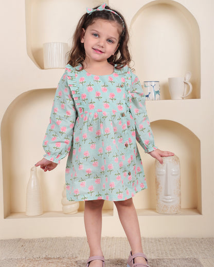 Polka Tots Light Blue Frock with Headband-Floral Print-Cotton-For Infants