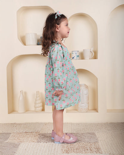 Polka Tots Light Blue Frock with Headband-Floral Print-Cotton-For Infants