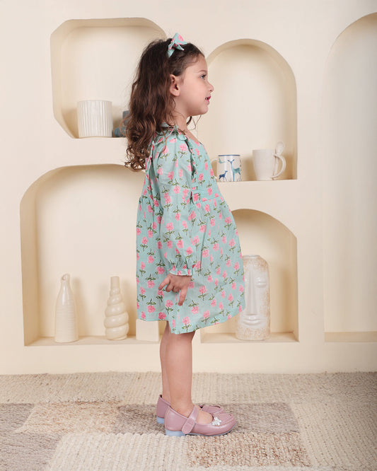 Polka Tots Light Blue Frock with Headband-Floral Print-Cotton-For Infants