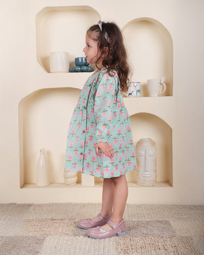 Polka Tots Light Blue Frock with Headband-Floral Print-Cotton-For Infants