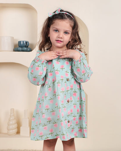 Polka Tots Light Blue Frock with Headband-Floral Print-Cotton-For Infants