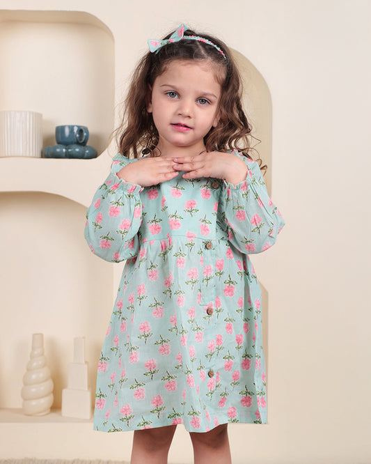 Polka Tots Light Blue Frock with Headband-Floral Print-Cotton-For Infants