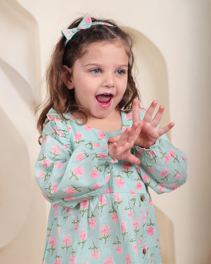 Polka Tots Light Blue Frock with Headband-Floral Print-Cotton-For Infants