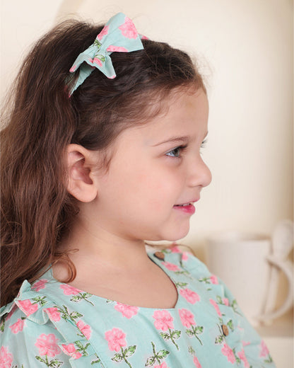 Polka Tots Light Blue Frock with Headband-Floral Print-Cotton-For Infants