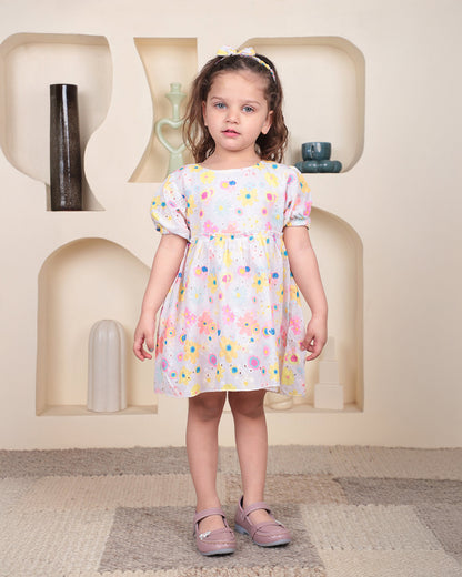Polka Tots White & Multicolor Frock with Headband-Floral Print-Cotton-For Infants