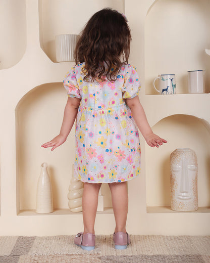 Polka Tots White & Multicolor Frock with Headband-Floral Print-Cotton-For Infants